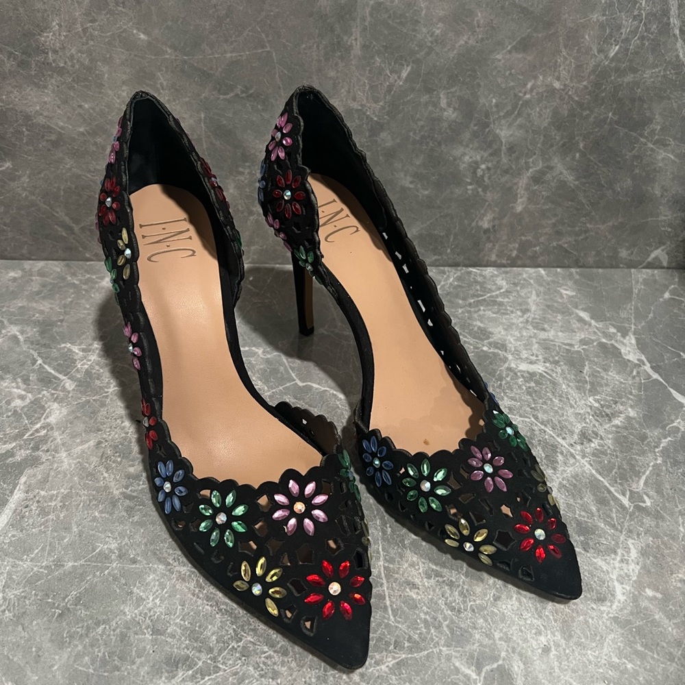 INC black stilettos with gem flowers
